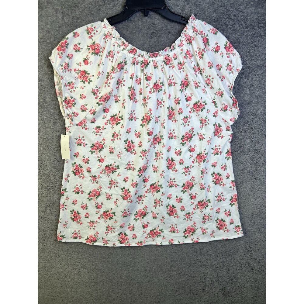 Pink K Women’s Shirt White Floral Flowy Blouse Size M Round Neck Pelal Sleeves